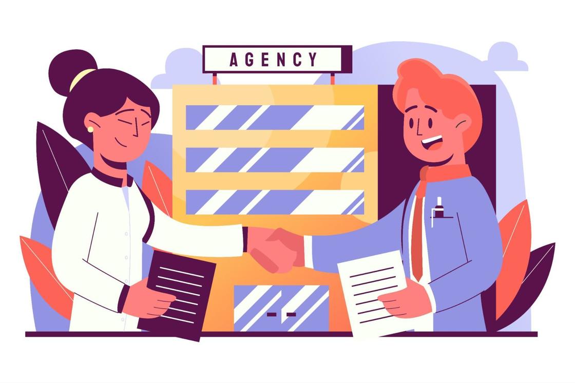 Graphic of a man and woman shaking hands while also holding a piece of lined paper in their other hand, standing in front of a building that has a building has on top of it reading Agency