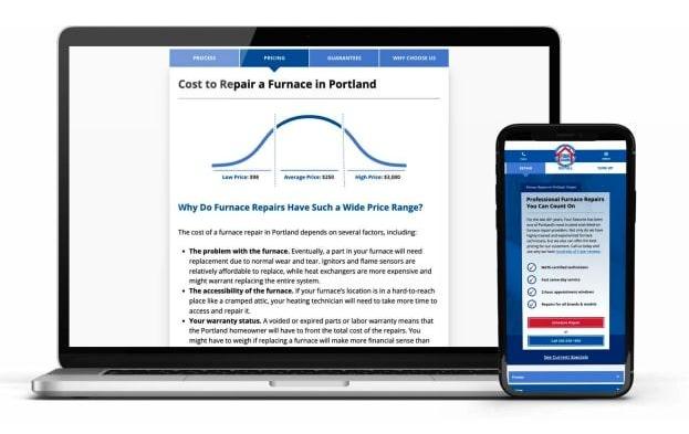An opened laptop showing a blog titled "Cost to Repair a Furnace in Portland" behind a smart phone that is off to the right and shows an app open.