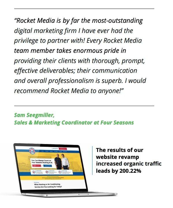 A customer testimonial positioned above an opened laptop turned to the right slightly, with the homepage to a website showing on the screen.
