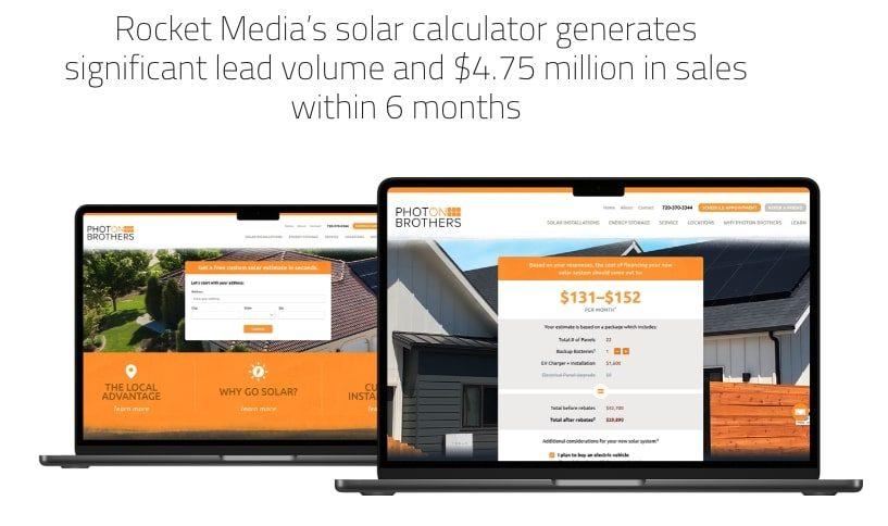 Two opened laptops positioned as one behind the other, but off center, with the calculator webpage from Photon Brothers website showing on both screens.