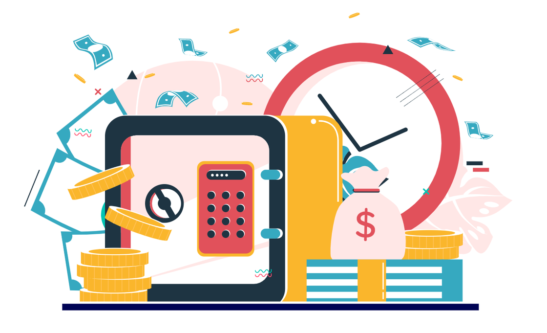 Animated graphic of coins, a calculator, safe, clock, money bag, and dollar bills.