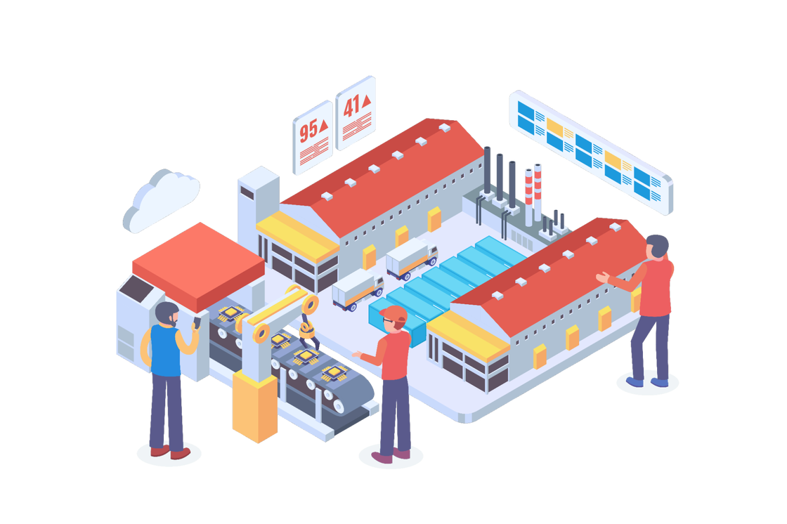 Animated graphic showing an assembly line manned by two workers next to a overhead view of the outside of a factory
