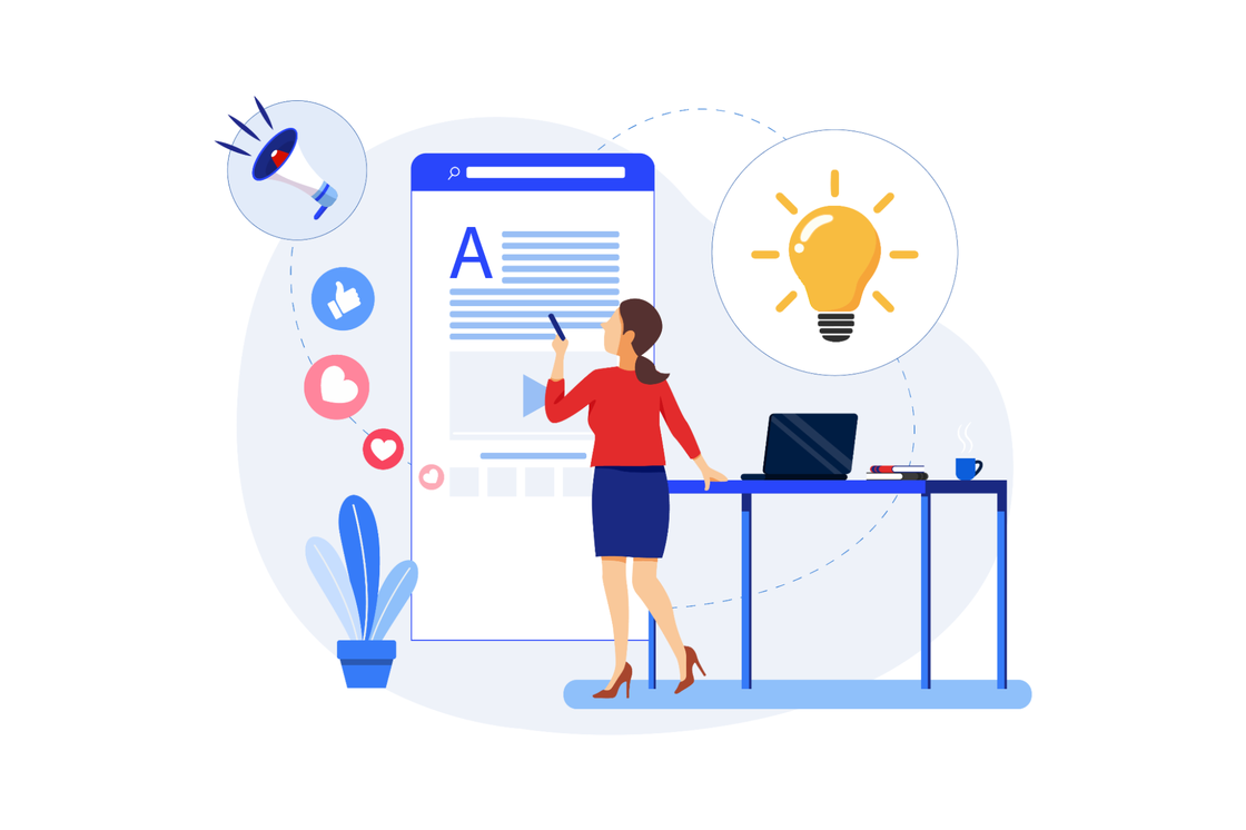 Animated graphic of a woman with her hair in a ponytail, wearing a red long sleeved shirt, heels, and a blue skirt, standing in front of an enlarged search screen, next to a standing desk with a big yellow lightbulb hovering over it.