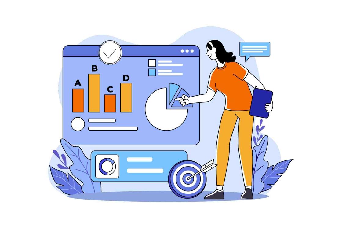 A purple graphic showing various data charts like a bar chart and pie chart, against a mocked up browser window and with a animated woman standing to the right of it, wearing a dark orange shirt and light orange pants