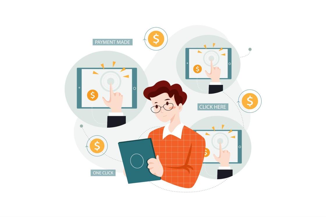 A graphic of an animated man wearing glasses and an orange shirt, holding a tablet, and surrounded by three bubbles that say payment made, one click, and click here.